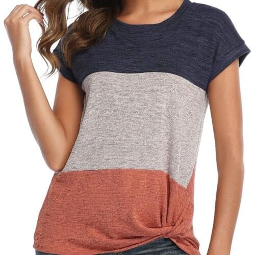 Summer Cotton Womens T-Shirt Round Collar Short Sleeve Pullover Striped Patchwork Loose Fashion Casual T-Shirt