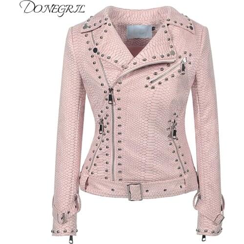 High Quality New Woman Pink Snake Skin PU Leather Jacket Rivet Plus Size Suede Rock Punk Jackets Female Classic Coat