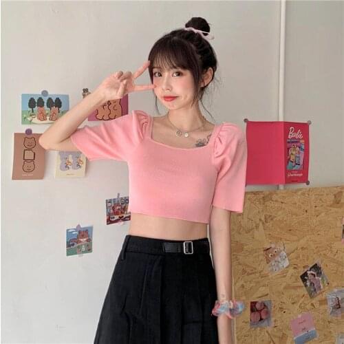 Womens Summer TShirts Square Neck Short Slim Puff Sleeve Short Sleeve T-shirt All-match Short Slim Slimming Shoulder Top 2021