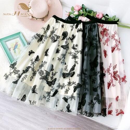 SISHION Autumn Pretty Butterfly Skirt Women Ladies Embroidery Black Long Mesh Tulle Skirt WF0139