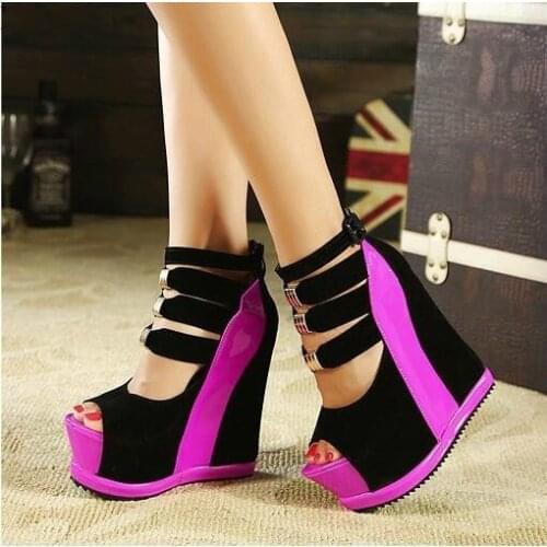 Woman Shoes 2020 Summer Genuine Women Platform Thick Soles Sandals Wedges High Heel 14cm Peep Toe Mixed Colors Sexy Shoes