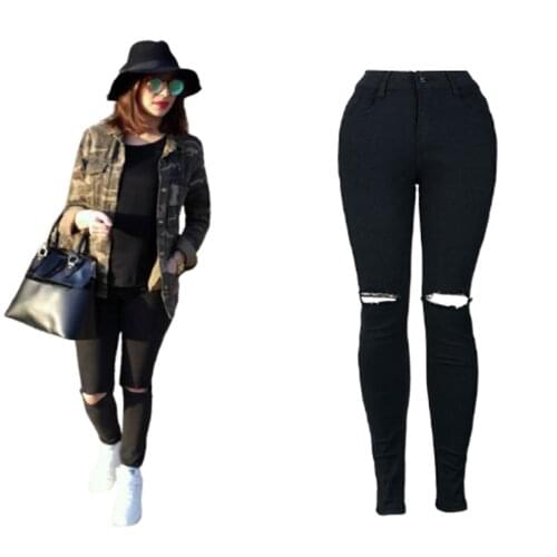 Ladies Black Pants Style Cotton Street Fashion Ripped High Waist Casual Slim Stretch Jeans Trendy Wild Work Overalls Leggings