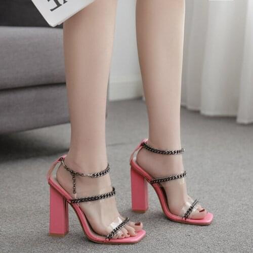 2021 New PVC transparent strap metal chain design open toe sandals for women ankle buckle square high heels women dress