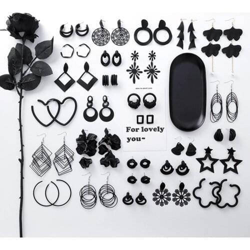 MENGJIQIAO 2019 New Fashion Black Flower Geometric Stud Eearrings For Women Exaggerate Circle Holiday Sweet Pendientes Gifts