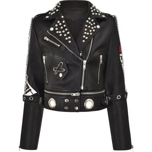 Winter 2021 hot sale black printing heavy industry rivet fashion punk pu coat short motorcycle leather jacket women