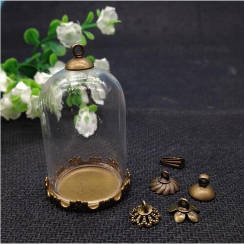 50sets/lot 38*25mm tube glass globe bronze crown base tray 4 beads cap glass vial pendant necklace pendant handmade glass bottle