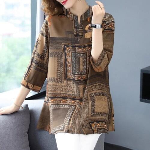 Vintage Women Spring Summer Shirts Temperament V-Neck Casual Print Blouses Loose Ladies Tops Ropa De Mujer Blusas MM0863