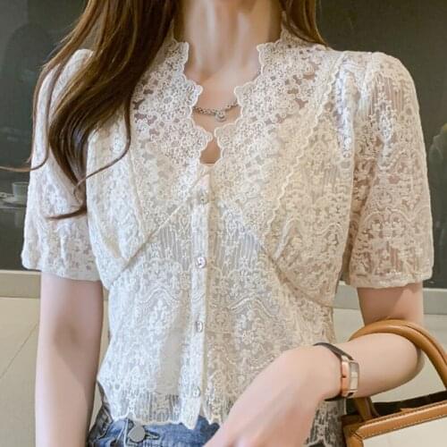 Blusas Blouses Top Femme Short Sleeve Blouse Women Blusas Mujer De Moda 2021 Hollow Lace Blouse Shirt Tops Women Shirts E669