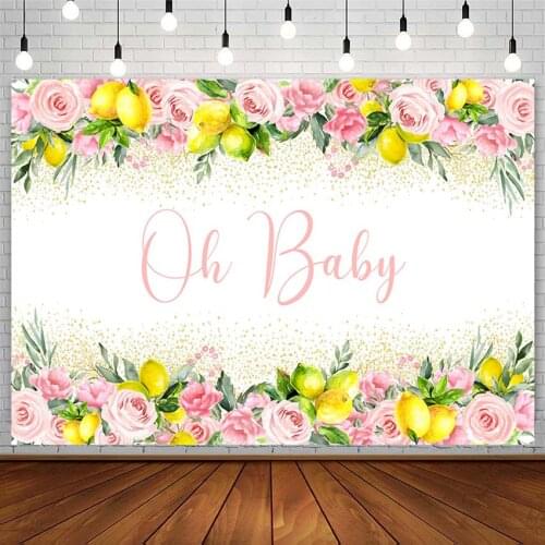 Oh Baby Backdrop Newborn Baby Shower Lemon Pink Flower Gold Dot Banner Photography Background Photo Studio Photozone Decor Props
