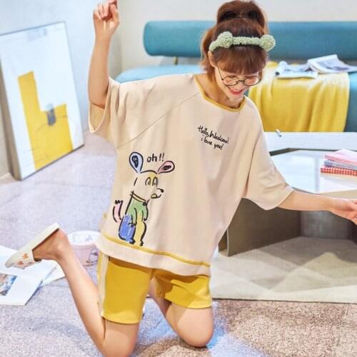 Cotton Plus Size TShirts & Shorts Summer Girls Homewear Summer Sleepwear Cute Color Doodle Puppy Print Cartoon Pajamas For Women