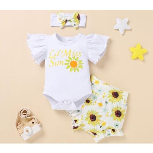 Infant Baby Girls Letter Floral Short Sleeve Romper + Shorts + Hairband Outfits Sets Baby Girl Clothes Newborn Girl Clothing