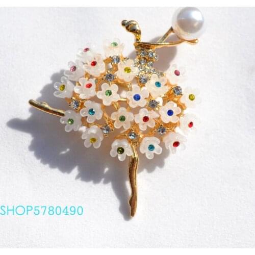 Fashion Jewelry Rhinestone Dancing Girl Brooch Multi Coloured Pearl Floral Women Vintage Pin Ladies Wedding Dress Accessories