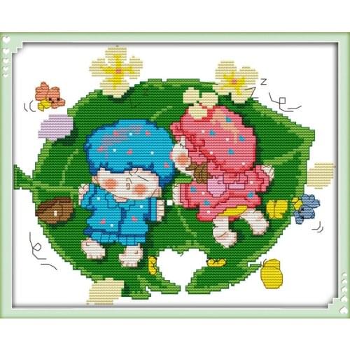 Babies and leaf cross stitch kit 14ct 11ct count print canvas stitches embroidery DIY handmade needlework plus