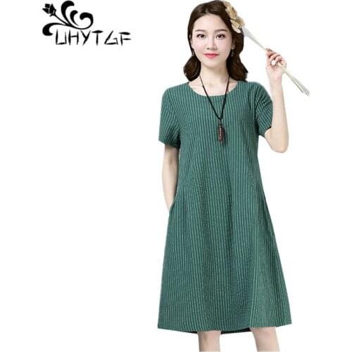 UHYTGF New summer dress womens fashion striped cotton and linen Mid-length women dresses casual female loose plus size dress 269