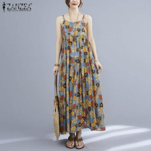 ZANZEA Stylish Floral Robe Femme Oversize Womens Summer Sundress Kaftan Printed Dress Female Spaghetti Strap Maxi Vestidos 2021