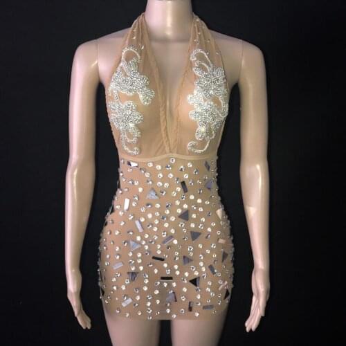 Transparent Silver Rhinestone Mirrors Dress Women Dance Show Stage Costume Birthday Backless Stretch Short Dress