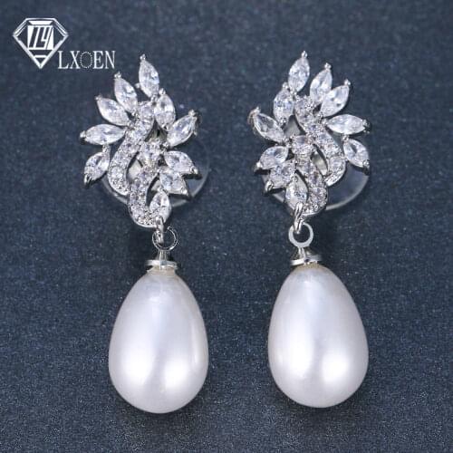 LXOEN Luxury Women Pearl Earrings Pear Shape Silver Color Drop Earings Jewelry Gifts for Party Women Earrings