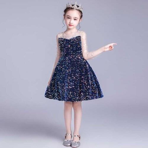 Blue Sequin Chinese New Year Dress Flower Girl Robe Chinoise Baby Cheongsam Oriental Style Party Dresses Elegant Evening Gown