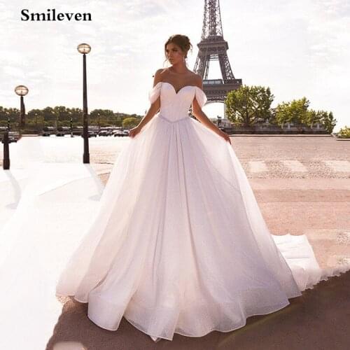 Smileven Sparkly Glitter Wedding Dresses Off The Shoulder Bride Gowns With Sash Corset Robe De Soiree Lace Up Back