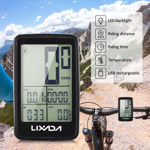 Lixada USB Rechargeable Wireless Bike Cycling Computer Bicycle Speedometer Odometer Stopwatch Speedometer Watch LED Digital Rate