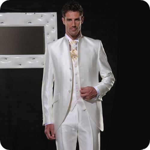 Vintage Italian White Men Suits Wedding Slim Fit Man Blazer Stand Lapel Costume Homme Jacket 3Piece Pants Vest Groom Tuxedos