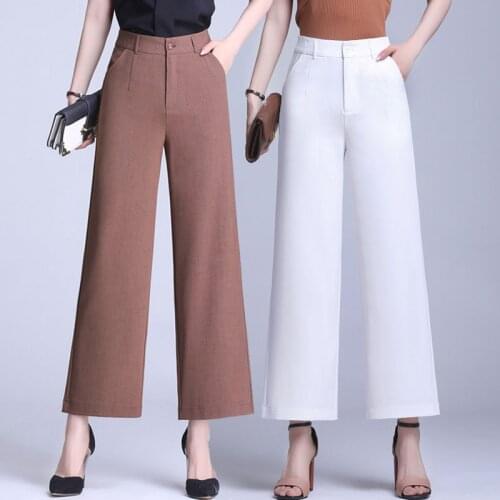 High-end Brand Women Wide-leg pants Summer High-waist Straight Wide-leg pants Solid Casual Pocket Button Female Nine-point pants