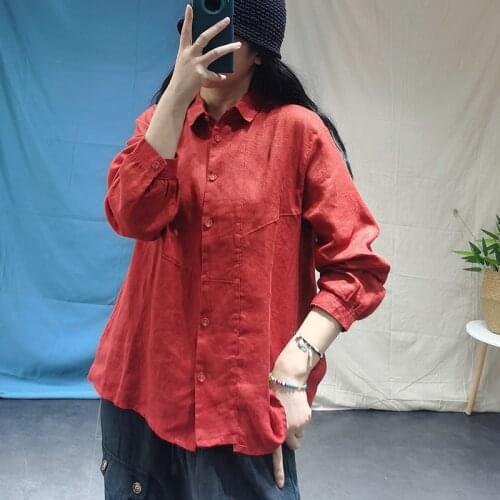 Women Loose Solid Color Linen Blouses Tops Shirt Female Vintage Flax Blouse Ladies 2020 Autumn Shirt
