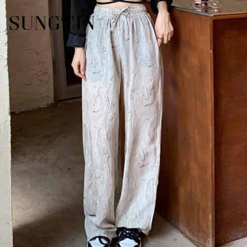 Sungtin Korean Fashion Print Loose Pants Women Summer High Waisted Drawstring Wide Leg Pants Vintage Print Trousers Streetwear