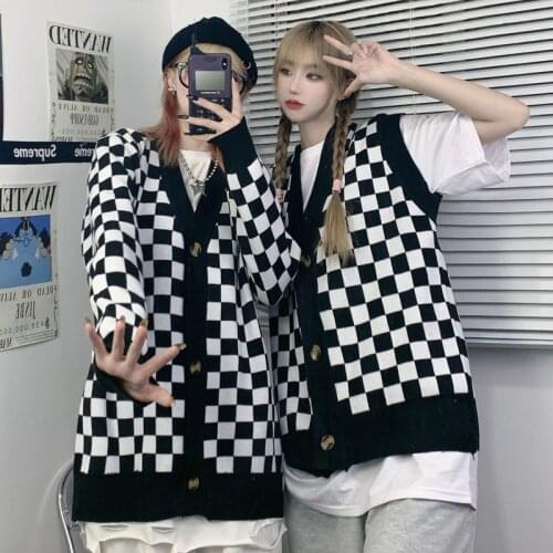 Harajuku Black Blue Plaid Sweater Cardigan Women Autumn Loose V-neck Long Sleeve Knitted Jacket Female Casual Sweater Coats