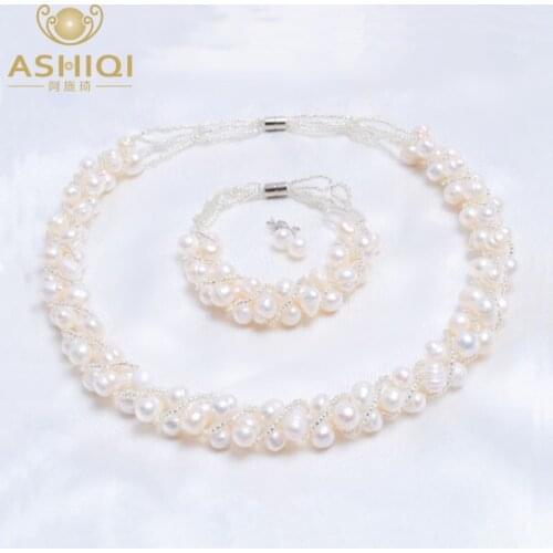 ASHIQI Real Natural Freshwater Pearl Handmade Jewelry Sets & More Necklace Bracelet 925 Silver Earrings for Women Wedding Gift
