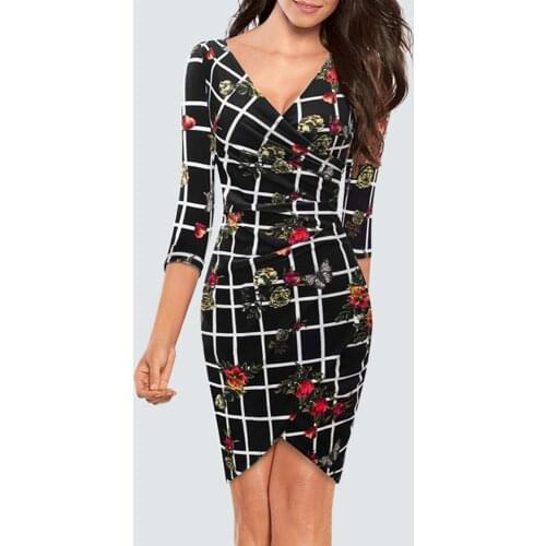 Women Sexy V Neck Ruched Retro Velvet Elegant Casual Slim Floral Fashion Pencil Dress 1HB419