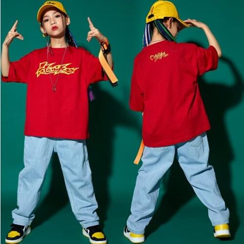 2021 Hip Hop Kids Clothes Girls Street Dance Costume Red T Shirts Loose Hip Hop Pants Jazz Hiphop Practice Clothing Wear BL6520
