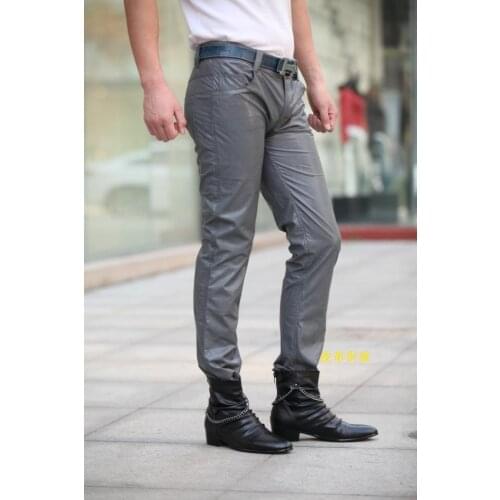 29-39 ! Mens New Casual Clothing Slim Smoky Grey Slim Leather Pants Plus Size Trousers Singer Costumes