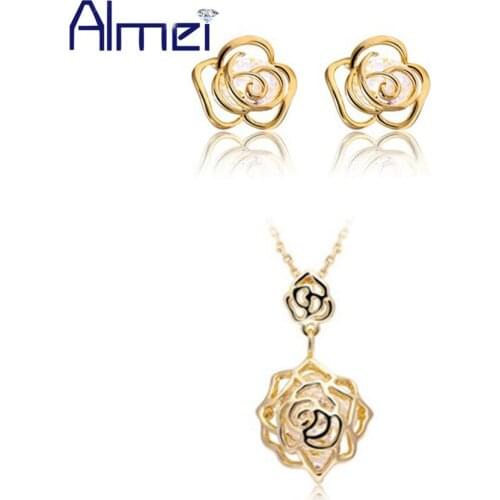 Almei Promotion Charming New 2016 Silver New Zircon Flower Jewelry Sets Rose Gold Color for Women Engagement Party Wedding T175