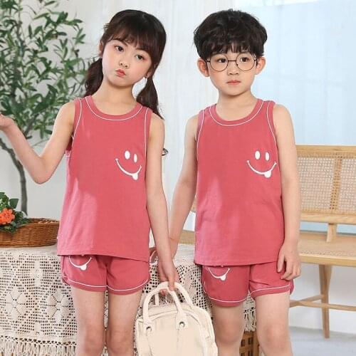 Children Cotton Pajamas Sets Baby Kid Sleeveless Candy Color Sleepwear Suits Boys Girls Cartoon Nightwear 2021 Toddler Home wear