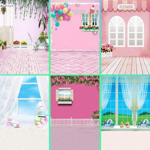 Beautiful curtain Wooden floor background various flowers balloons decoration party family photo studio photography background