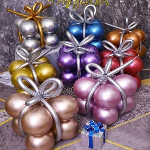 1Set Gift Box Shape Glossy Metal Balloons Chrome Magic Long Ballon For Valentines Day Anniversary Birthday Party Decor Supplies