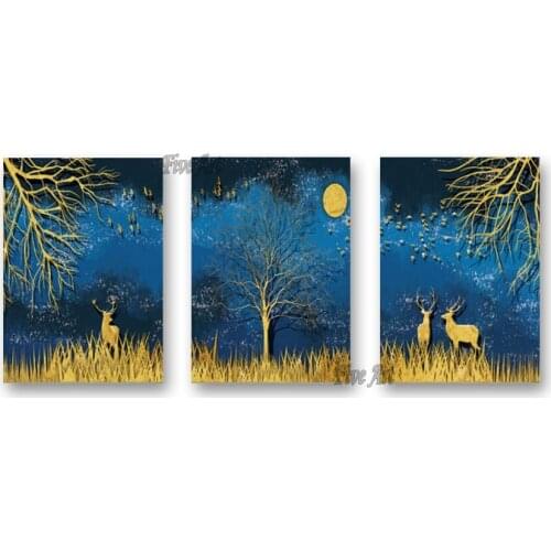 Hand Painted Modular Oil Painting Dark Blue Abstract Wall Art Picture 3 panel Canvas Painting For Living Room Decoration