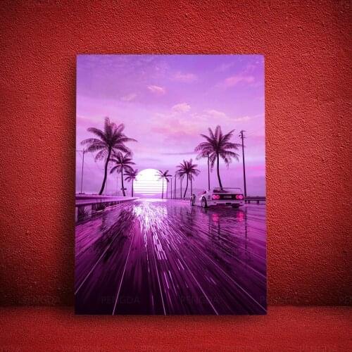 HD Printed Tropical Scenery Canvas Painting Modern Home Decor Sunset Poster Wall Art Retrowave Picture Living Room Modular Frame