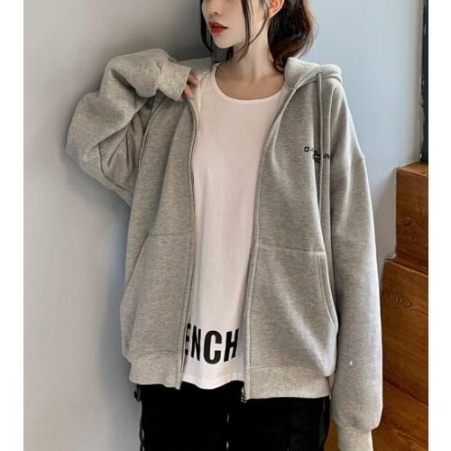 Korean Fashion Zipper Hoodies Casual Autumn Hooded Coats Long Sleeved Loose Letter Printed Sweatshirts Women Moletom Feminino