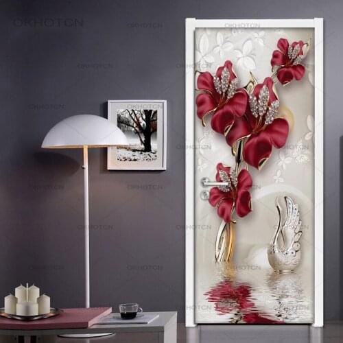 Red Flower Butterfly Jewelry 3D Door Stickers Home Decor Modern Living Room Bedroom Door Decoration Sticker Wall Mural Wallpaper