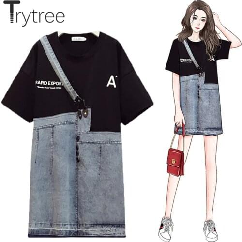 Trytree Summer Womens Dresses Casual O-neck T-shirt Patchwork Unilateral Suspender Demin Dress Straight Streetwear Mini Dress