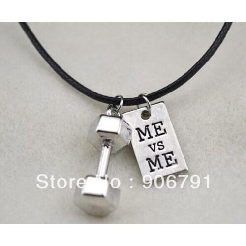 Fashion 10pcs a lot rhodium plated sport dumbbell ME and ME Leather cord necklace