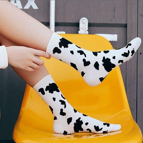 Cow Print Sock Lovely Harajuku Black and White Stripe Casual Cartoon Mid-calf Length Socks Comfort Breathable Cotton Women Socks