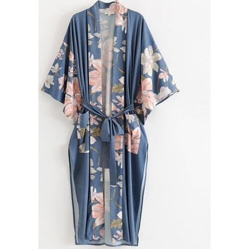 Wholesale High Quality Mid-Length Nightgown Floral Print Blue Kimono Nightdress for Fall 2021 New Ladies Lace Bathrobe