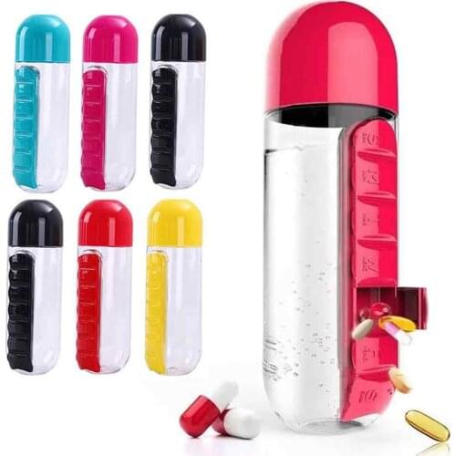 With 7-day Portable 600ml Water Bottle Pill Box 2 in 1 Outdoor Travel Water Bottle Combine Outdoor Leak-Proof Bottle Tumbler