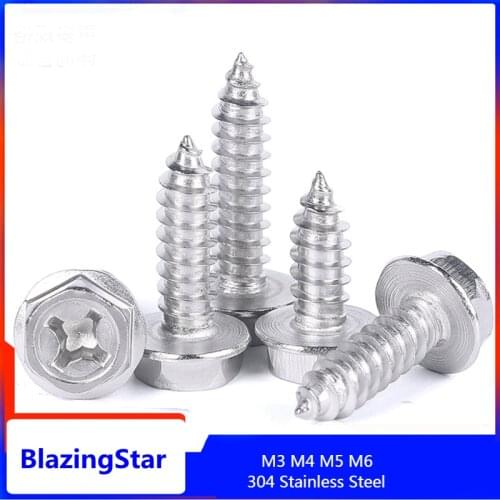 10-50 PCS M3 M4 M5 M6 304 Stainless Steel Hex Hexagon Phillips Flange Head Hex Bolts Self Tapping Cavity Wood Screw Bolt Screws