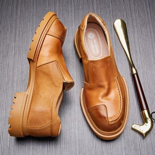 Korean style men Harajuku Streetwear Vintage Casual Thick Platform Genuine Leather Square Toe Shoes Loafers Heighten Shoes