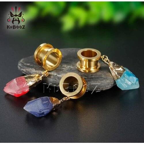 KUBOOZ Dangle Ear Plugs Piercing Tunnels Crystal Eardrop Body Jewelry Steel Screw Earring Gauges Expander Women Fashion Gift 2PC