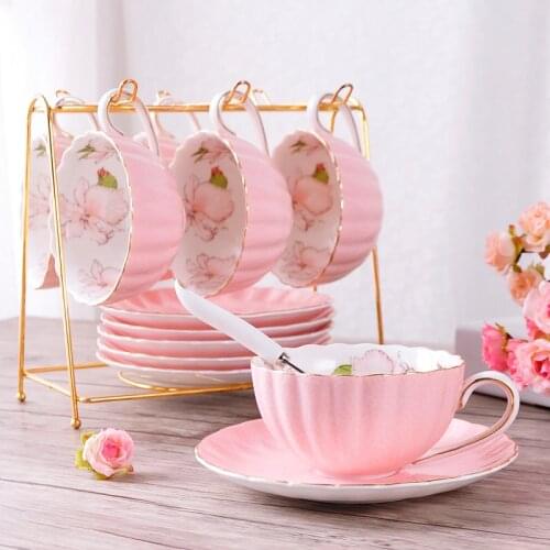 British Style High-Grade Bone China Coffee Cup Pastoral Afternoon Tea Ceramic Tea Black Tea Cup Dish Spoon Pumpkin Cup Pink Roma